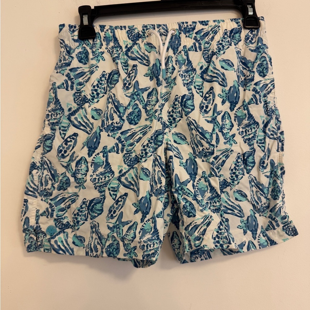 Lilly Pulitzer Kids White Swim Trunks with Blue Seashell Print
